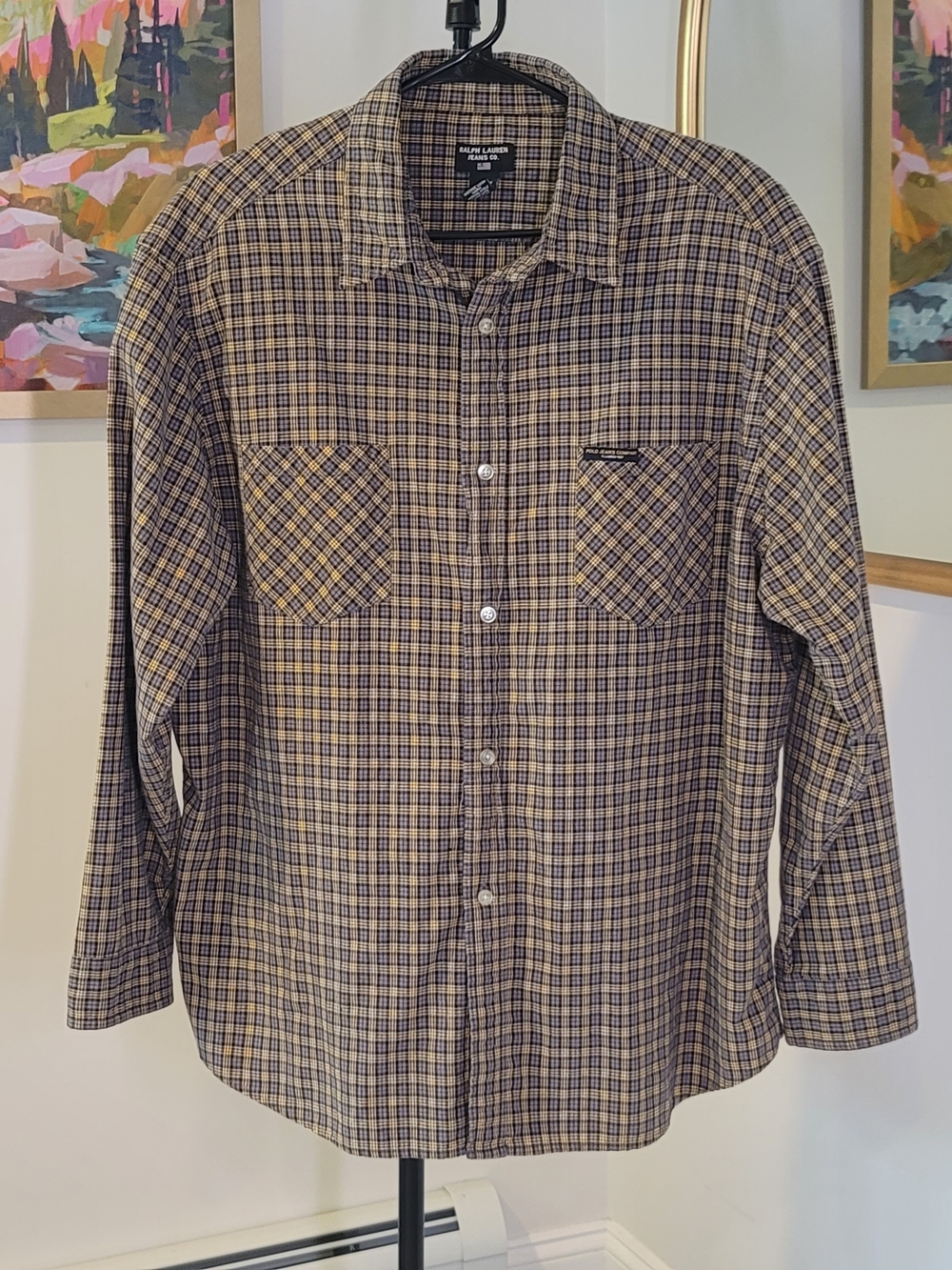RALPH LAUREN JEANS CO 100% Cotton Plaid Flannel Shirt Yellow Gray Men's Size XL